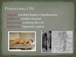 Posición: Decúbito Supino o bipedestación
 Incidencia: vertebro-esternal
 Rayo central: a nivel de D6 o D7.
 Respiración: Espiración y apnea
 