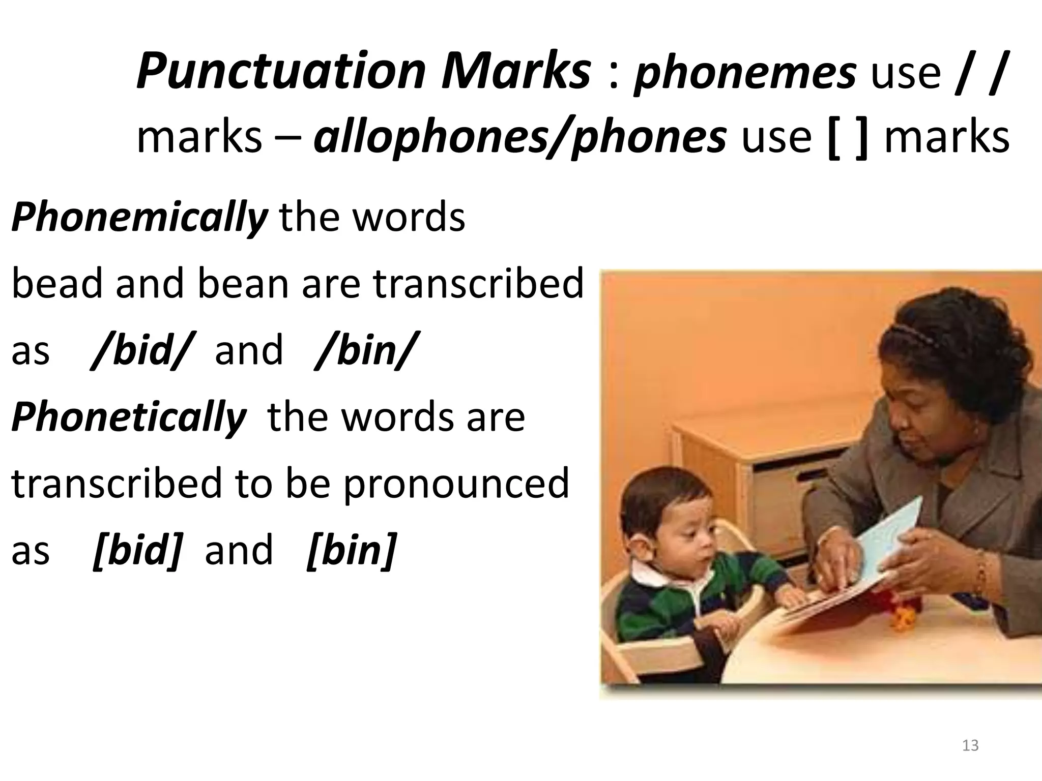 Punctuation Marks : phonemes use / / marks – allophones/phones use [ ] marksPhonemically the words bead and bean are transcribed as    /bid/  and   /bin/Phonetically  the words aretranscribed to be pronouncedas    [bid]  and   [bin]13