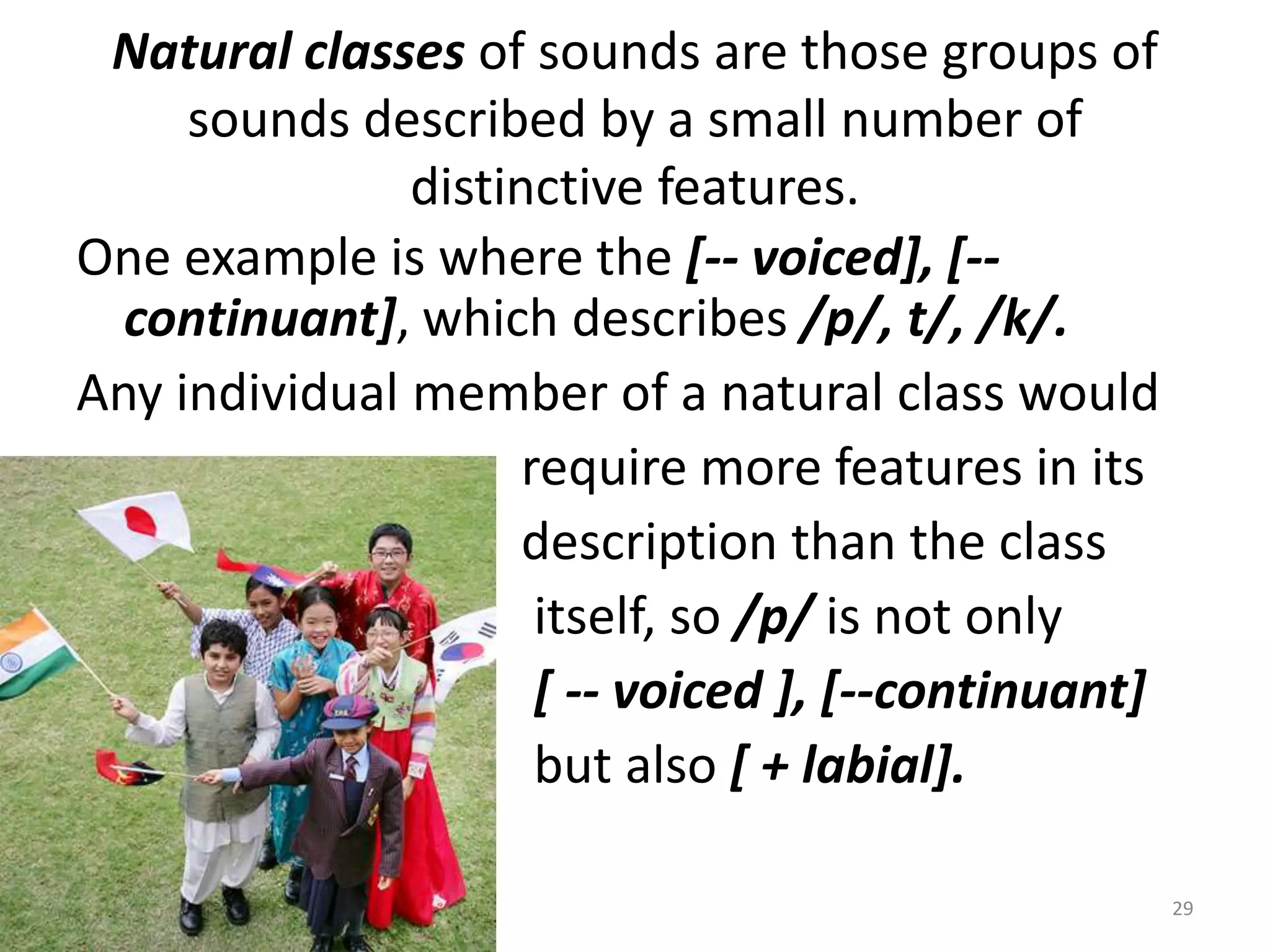 Natural classes of sounds are those groups of sounds described by a small number of distinctive features.One example is where the [-- voiced], [--continuant], which describes /p/, t/, /k/.Any individual member of a natural class would 			     require more features in its 			     description than the class			      itself, so /p/ is not only[ -- voiced ], [--continuant]			      but also [ + labial].29
