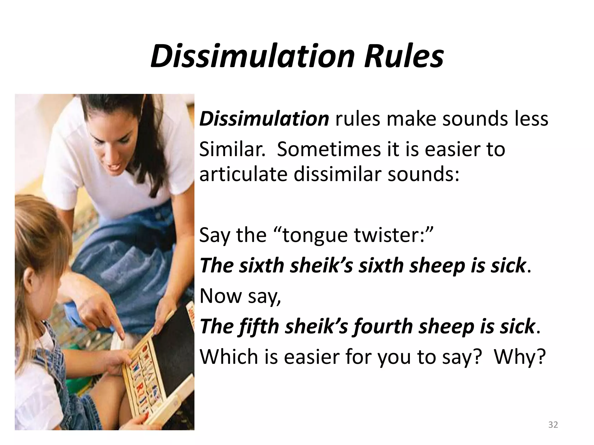 Dissimulation RulesDissimulation rules make sounds lessSimilar.  Sometimes it is easier to articulate dissimilar sounds:Say the “tongue twister:”The sixth sheik’s sixth sheep is sick.Now say,The fifth sheik’s fourth sheep is sick.Which is easier for you to say?  Why?32