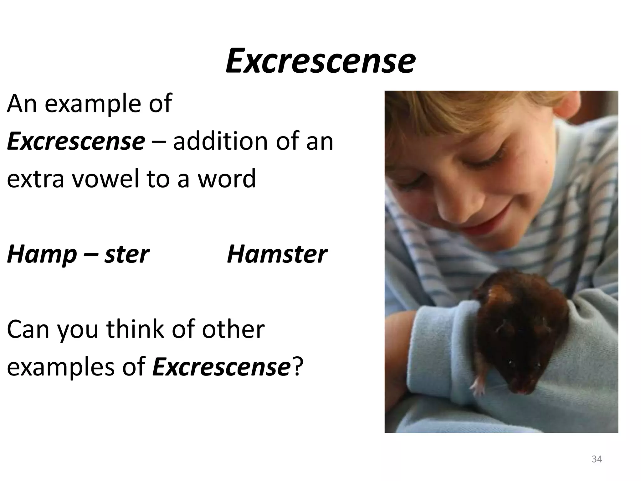 ExcrescenseAn example of Excrescense– addition of anextra vowel to a word Hamp – ster            HamsterCan you think of otherexamples of Excrescense?34