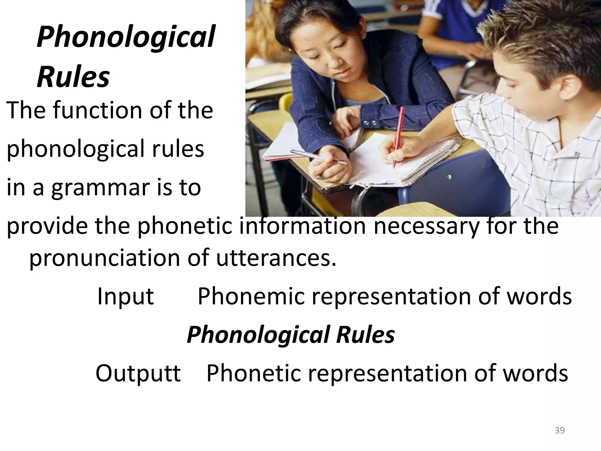 PhonologicalRulesThe function of thephonological rulesin a grammar is toprovide the phonetic information necessary for the pronunciation of utterances.                Input       Phonemic representation of wordsPhonological RulesOutputt    Phonetic representation of words									39