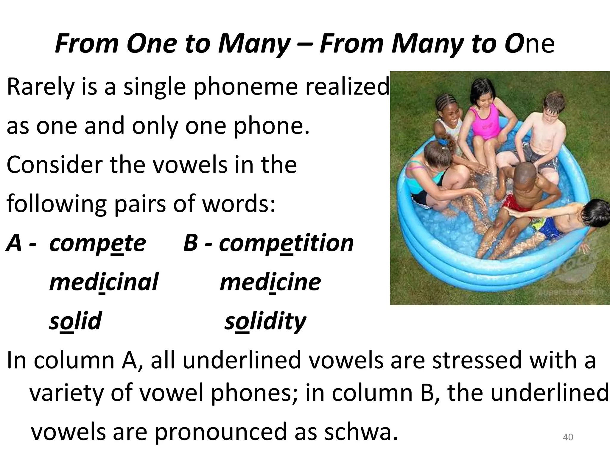 From One to Many – From Many to OneRarely is a single phoneme realizedas one and only one phone.  Consider the vowels in the following pairs of words: A -  compete      B - competition       medicinal          medicine       solid                    solidityIn column A, all underlined vowels are stressed with a variety of vowel phones; in column B, the underlined    vowels are pronounced as schwa.40