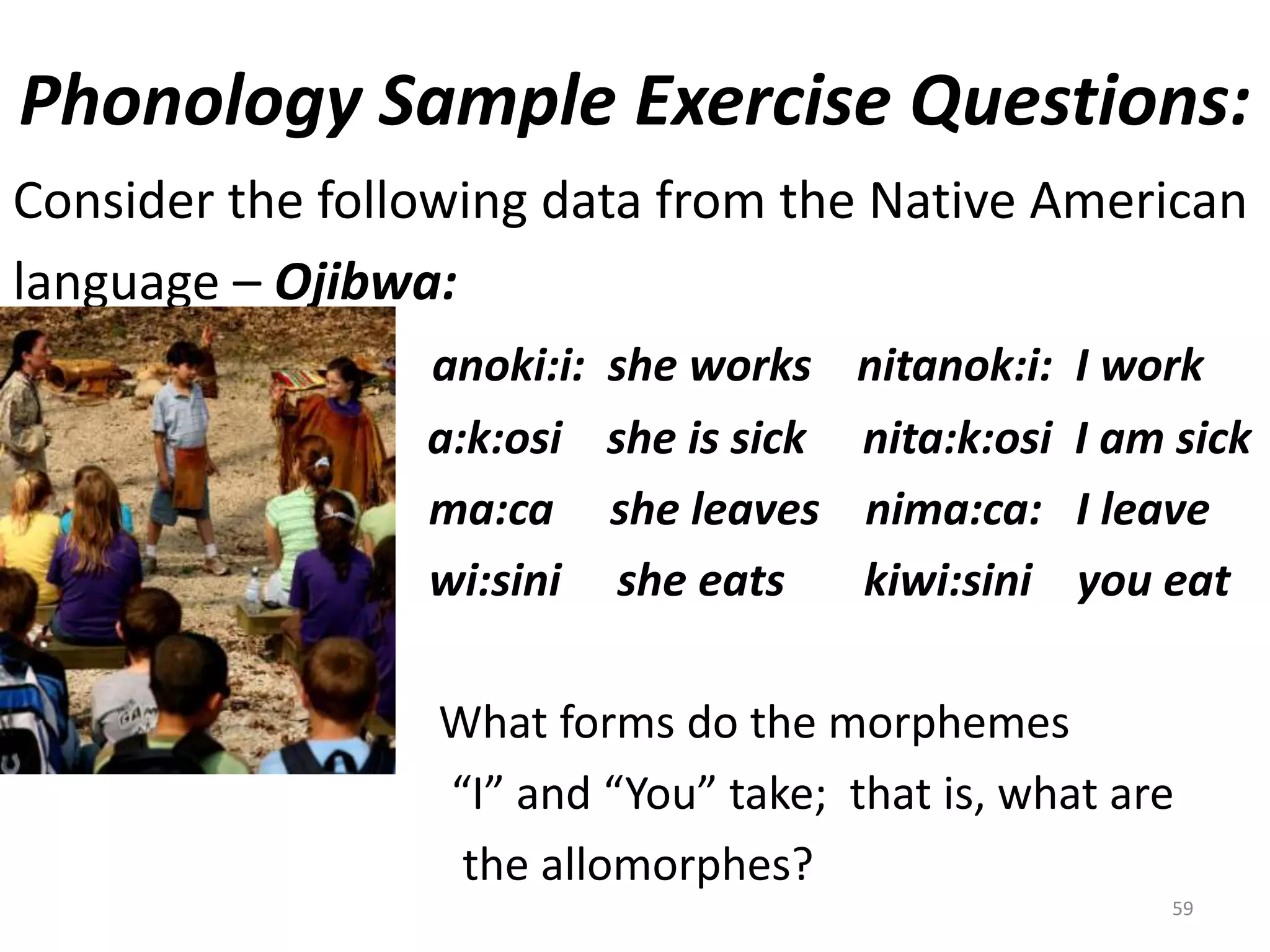 Phonology Sample Exercise Questions:Consider the following data from the Native Americanlanguage – Ojibwa:   anoki:i:  she works    nitanok:i:  I work				   a:k:osi    she is sick     nita:k:osi  I am sickma:ca     she leaves    nima:ca:   I leavewi:sini     she eats       kiwi:sini    you eat				    What forms do the morphemes                                       “I” and “You” take;  that is, what are                                        the allomorphes?59