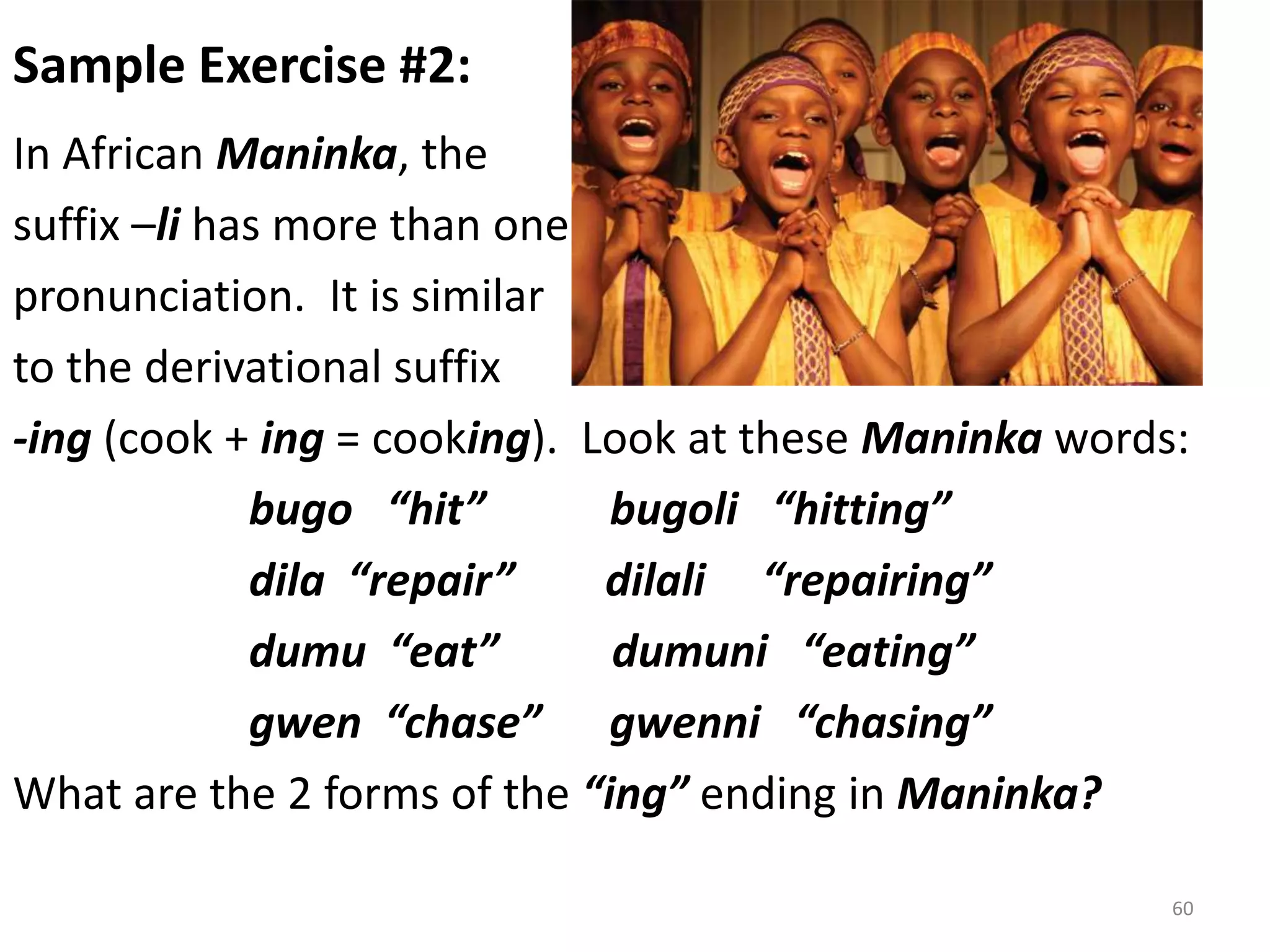 Sample Exercise #2:  In African Maninka, the suffix –li has more than onepronunciation.  It is similarto the derivational suffix -ing(cook + ing = cooking).  Look at these Maninka words:bugo   “hit”           bugoli   “hitting”dila  “repair”        dilali     “repairing”dumu  “eat”          dumuni   “eating”gwen  “chase”      gwenni   “chasing”What are the 2 forms of the “ing” ending in Maninka?60