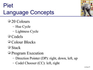 Piet Language Concepts ,[object Object],[object Object],[object Object],[object Object],[object Object],[object Object],[object Object],[object Object],[object Object]