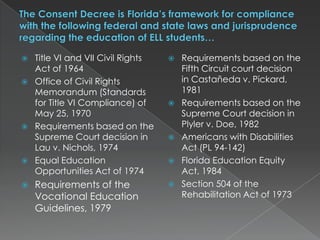 The Consent Decree is Florida’s framework for compliance with the following federal and state laws and jurisprudence regarding the education of ELL students… Title VI and VII Civil Rights Act of 1964Office of Civil Rights Memorandum (Standards for Title VI Compliance) of May 25, 1970Requirements based on the Supreme Court decision in Lau v. Nichols, 1974Equal Education Opportunities Act of 1974Requirements of the Vocational Education Guidelines, 1979Requirements based on the Fifth Circuit court decision in Castañeda v. Pickard, 1981Requirements based on the Supreme Court decision in Plyler v. Doe, 1982Americans with Disabilities Act (PL 94-142)Florida Education Equity Act, 1984Section 504 of the Rehabilitation Act of 1973