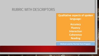 RUBRIC WITH DESCRIPTORS
Qualitative aspects of spoken
language:
Accuracy
Fluency
Interaction
Coherence
Reading
Method used by The Fast Track Program
 