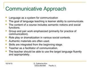 10/14/15 E. Catherine Kim
ESOL460/560 Pacific U.
Communicative Approach
 Language as a system for communication
 The goal of language teaching is learner ability to communicate.
 The content of a course includes semantic notions and social
functions.
 Group and pair work emphasized (primarily for practice of
communication).
 Role play or dramatization in various social contexts.
 Authentic materials are often used.
 Skills are integrated from the beginning stage.
 Teacher as a facilitator of communication.
 The teacher should be able to use the target language fluently
and appropriately.
 