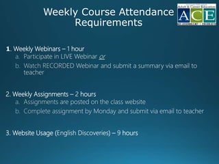 Weekly Course Attendance
Requirements
1. Weekly Webinars – hour
a.
b.
2. Weekly Assignments – hours
a.
b.
3. Website Usage ( ) – hours
 