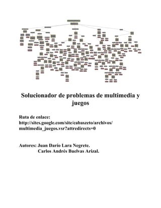 Solucionador de problemas de multimedia y
                   juegos

Ruta de enlace:
http://sites.google.com/site/cabaszeto/archivos/
multimedia_juegos.vsr?attredirects=0


Autores: Juan Darío Lara Negrete.
         Carlos Andrés Buelvas Arizal.
 