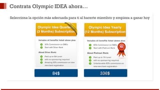Contrata Olympic IDEA ahora… 
Selecciona la opción más adecuada para ti al hacerte miembro y empieza a ganar hoy 
84$ 333366$$ 
 