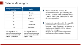 Sistema de rangos 
Inscripciones personales 
activas 
3 
6 
10 
20 
50 
100 
Rango 
Bronce 
Plata * 
Platino ** 
Zafiro 
Esmeranda 
Diamante 
El Rango Plata se 
puede obtener de forma 
instantánea contratando 
el Plan Trimestral 
El Rango Platino se 
puede obtener de forma 
instantánea contratando 
el Plan Anual 
Dependiendo del número de 
miembros directos que formen parte 
de una Olympic Idea, el rango cambia 
y afecta al pago de los bonus del plan 
de compensación. 
Los miembros pueden subir de rango (de 
plata/trimestral a platino/anual, de 
mensual a plata/trimestral o de mensual a 
platino/anual) HASTA QUE su primera 
suscripción caduque. 
Después de la primera suscripción el 
cambio de plan no aumenta el rango. 
 
