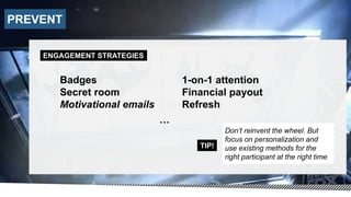 Badges
Secret room
Motivational emails
PREVENT
1-on-1 attention
Financial payout
Refresh
…
ENGAGEMENT STRATEGIES
TIP!
Don’t reinvent the wheel. But
focus on personalization and
use existing methods for the
right participant at the right time
 