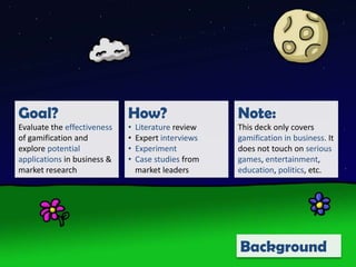 Goal?Evaluate the effectiveness of gamification and explore potential applications in business & market researchHow?Literature review