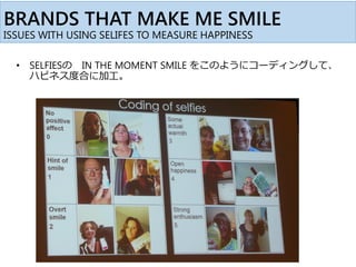 BRANDS THAT MAKE ME SMILE
ISSUES WITH USING SELIFES TO MEASURE HAPPINESS
• SELFIESの IN THE MOMENT SMILE をこのようにコーディングして、
ハピネス度合に加工。
 