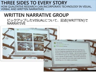 WRITTEN NARRATIVE GROUP
ピックアップしたVISUALについて、記述(WRITTEN)で
NARRATIVE
THREE SIDES TO EVERY STORY
HOW QUALITATIVE RESEARCH CAN INCORPORATE TECHNOLOGY IN VISUAL,
VERBAL AND WRITTEN NARRATIVES
 