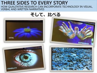 THREE SIDES TO EVERY STORY
HOW QUALITATIVE RESEARCH CAN INCORPORATE TECHNOLOGY IN VISUAL,
VERBAL AND WRITTEN NARRATIVES
そして、比べる
DETAIL
 