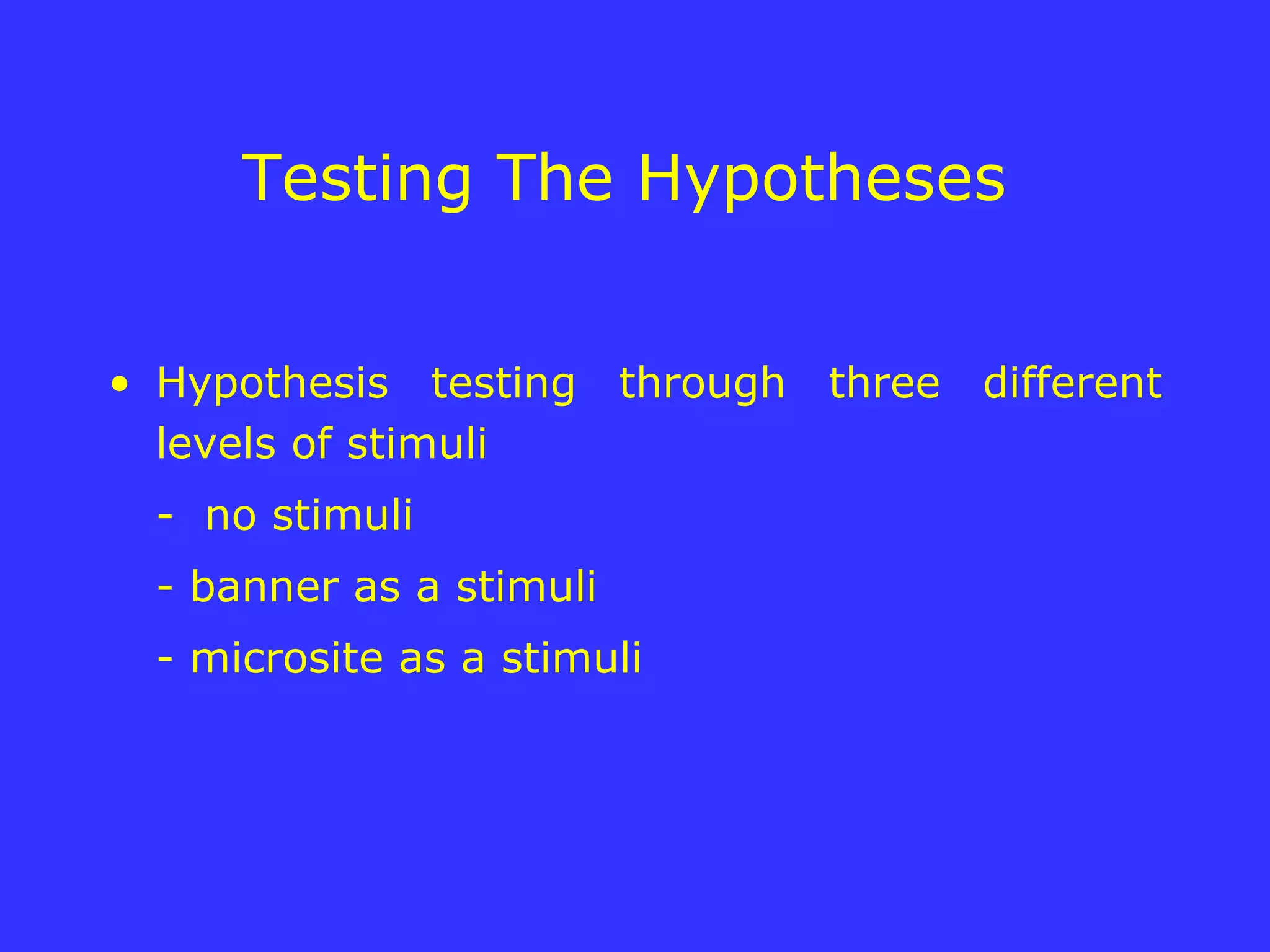 Testing The Hypotheses Hypothesis testing through three different levels of stimuli  -  no stimuli - banner as a stimuli  - microsite as a stimuli 