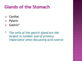 Glands of the Stomach
 Cardiac
 Pyloric
 Gastric*
* The cells of the gastric gland are the
largest in number and of primary
importance when discussing acid control
 