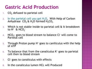 Gastric Acid Production
1. CO2 defused to parietal cell
2. In the parietal cell you get H2O, With Help of Carbon
Anhydrase CO2 & H2O formed H2CO3
3. Which is not stable inside to parietal cell & It breakdown
to H+ & HCO3
-
4. HCO3- goes to blood stream to balance Cl- will come to
Parietal cell
5. Through Proton pump H+ goes to caniliculus with the help
of ATP
6. To balance that from the canaliculus K+ goes to parietal
cell then to blood stream
7. Cl- goes to canaliculus with effects
8. In the canaliculus lumen HCL will Produced
 