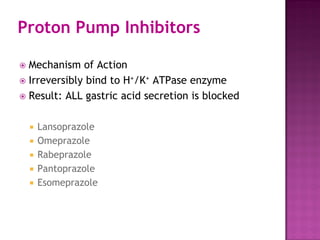 Proton Pump Inhibitors
 Mechanism of Action
 Irreversibly bind to H+/K+ ATPase enzyme
 Result: ALL gastric acid secretion is blocked
 Lansoprazole
 Omeprazole
 Rabeprazole
 Pantoprazole
 Esomeprazole
 
