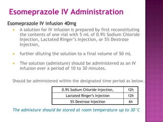 Esomeprazole IV Administration
Esomeprazole IV infusion 40mg
 A solution for IV infusion is prepared by first reconstituting
the contents of one vial with 5 mL of 0.9% Sodium Chloride
Injection, Lactated Ringer’s Injection, or 5% Dextrose
Injection,
 further diluting the solution to a final volume of 50 mL
 The solution (admixture) should be administered as an IV
infusion over a period of 10 to 30 minutes.
Should be administered within the designated time period as below.
The admixture should be stored at room temperature up to 30°C
0.9% Sodium Chloride Injection, 12h
Lactated Ringer’s Injection 12h
5% Dextrose Injection 6h
 