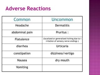 Adverse Reactions
Common Uncommon
Headache Dermatitis
abdominal pain Pruritus :
Flatulence (localized or generalized itching due to i
rritation of sensory nerve endings )
diarrhea Urticaria
constipation dizziness/vertigo
Nausea dry mouth
Vomiting
 