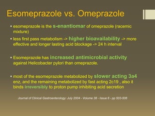 Esomeprazole vs. Omeprazole
 esomeprazole is the s-enantiomar of omeprazole (racemic
  mixture)
 less first pass metabolism -> higher bioavailability -> more
  effective and longer lasting acid blockage -> 24 h interval


 Esomeprazole has increased antimicrobial activity
  against Helicobacter pylori than omeprazole.


 most of the esomeprazole metabolized by slower acting 3a4
  enz, and the remaining metabolized by fast acting 2c19 , also it
  binds irreversibly to proton pump inhibiting acid secretion

    Journal of Clinical Gastroenterology: July 2004 - Volume 38 - Issue 6 - pp 503-506
 
