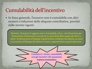  In linea generale, l’esonero non è cumulabile con altri
esoneri o riduzioni delle aliquote contributive, previsti
dalle norme vigenti.
Pertanto, l’esonero in oggetto non è cumulabile, ad es., con l’incentivo per
l’assunzione di lavoratori con più di 50 anni d’età disoccupati da oltre 12
mesi e di donne prive d’impiego regolarmente retribuito da almeno 24 mesi
ovvero prive d’impiego da almeno 6 mesi e appartenenti a particolari aree.
L’esonero è, invece, cumulabile
con gli incentivi che assumono
natura economica
 