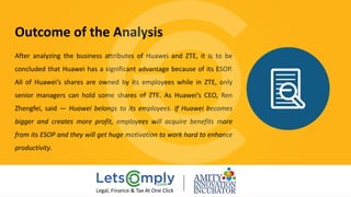 After analyzing the business attributes of Huawei and ZTE, it is to be
concluded that Huawei has a significant advantage because of its ESOP.
All of Huawei’s shares are owned by its employees while in ZTE, only
senior managers can hold some shares of ZTE. As Huawei’s CEO, Ren
Zhengfei, said ― Huawei belongs to its employees. If Huawei becomes
bigger and creates more profit, employees will acquire benefits more
from its ESOP and they will get huge motivation to work hard to enhance
productivity.
Outcome of the Analysis 
Legal, Finance & Tax At One Click
 