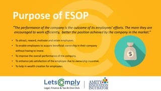 Purpose of ESOP
• To attract, reward, motivate and retain employees.
• To enable employees to acquire beneficial ownership in their company 
without having to invest.
• To improve the overall performance of the company.
• To enhance job satisfaction of the employee due to ownership incentive.
• To help in wealth creation for employees.
“The performance of the company is the outcome of its employees’ efforts. The more they are 
encouraged to work efficiently,  better the position achieved by the company in the market.”
Legal, Finance & Tax At One Click
 