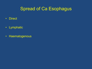 Spread of Ca Esophagus
• Direct
• Lymphatic
• Haematogenous
 