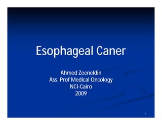 Esophageal Caner
       Ahmed Zeeneldin
  Ass. Prof Medical Oncology
           NCI-
           NCI-Cairo
             2009


                               1
 