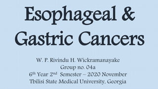 W. P. Rivindu H. Wickramanayake
Group no. 04a
6th Year 2nd Semester – 2020 November
Tbilisi State Medical University, Georgia
Esophageal &
Gastric Cancers
 