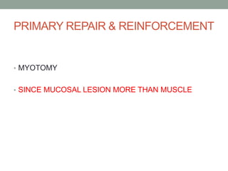 PRIMARY REPAIR & REINFORCEMENT
• MYOTOMY
• SINCE MUCOSAL LESION MORE THAN MUSCLE
 