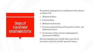 Stepsof
transhiatal
esophagectomy
Transhiatal esophagectomy is performed in five phases,
as follows [15] :
1. Abdominal phase
2. Cervical phase
3. Mediastinal dissection
4. Creation and positioning of the gastric conduit, and
abdominal closure
5. Construction of the cervical esophagogastric
anastomosis (CEGA)
During esophagectomy, lymph nodes may also be
removed to check for possible spread of cancer.
 