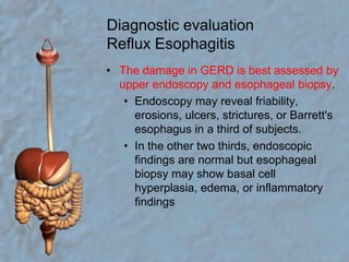 Diagnostic evaluation Reflux EsophagitisThe damage in GERD is best assessed by upper endoscopy and esophageal biopsy.Endoscopy may reveal friability, erosions, ulcers, strictures, or Barrett's esophagus in a third of subjects.	In the other two thirds, endoscopic findings are normal but esophageal biopsy may show basal cell hyperplasia, edema, or inflammatory findings