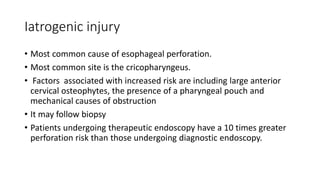 Iatrogenic injury
• Most common cause of esophageal perforation.
• Most common site is the cricopharyngeus.
• Factors associated with increased risk are including large anterior
cervical osteophytes, the presence of a pharyngeal pouch and
mechanical causes of obstruction
• It may follow biopsy
• Patients undergoing therapeutic endoscopy have a 10 times greater
perforation risk than those undergoing diagnostic endoscopy.
 