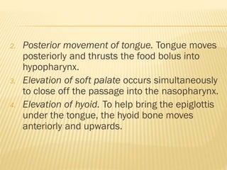 2. Posterior movement of tongue. Tongue moves
posteriorly and thrusts the food bolus into
hypopharynx.
3. Elevation of soft palate occurs simultaneously
to close off the passage into the nasopharynx.
4. Elevation of hyoid. To help bring the epiglottis
under the tongue, the hyoid bone moves
anteriorly and upwards.
 