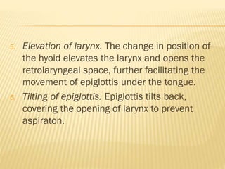 5. Elevation of larynx. The change in position of
the hyoid elevates the larynx and opens the
retrolaryngeal space, further facilitating the
movement of epiglottis under the tongue.
6. Tilting of epiglottis. Epiglottis tilts back,
covering the opening of larynx to prevent
aspiraton.
 