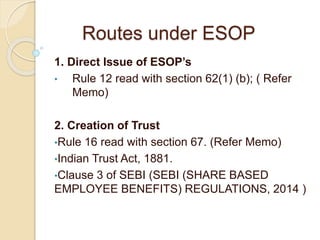 Routes under ESOP
1. Direct Issue of ESOP’s
• Rule 12 read with section 62(1) (b); ( Refer
Memo)
2. Creation of Trust
•Rule 16 read with section 67. (Refer Memo)
•Indian Trust Act, 1881.
•Clause 3 of SEBI (SEBI (SHARE BASED
EMPLOYEE BENEFITS) REGULATIONS, 2014 )
 