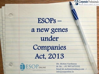 ESOPs –
a new genes
under
Companies
Act, 2013
Ms. Mohini Varshneya
M. No. : +91 9971673332
Email Id: mohini@indiacp.com /
info@esoponline.in
 