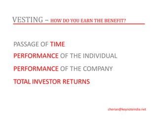VESTING – HOW DO YOU EARN THE BENEFIT?
PASSAGE OF TIME
PERFORMANCE OF THE INDIVIDUAL
PERFORMANCE OF THE COMPANY
TOTAL INVESTOR RETURNS
cherian@keynoteindia.net
 