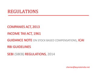 REGULATIONS
COMPANIES ACT, 2013
INCOME TAX ACT, 1961
GUIDANCE NOTE ON STOCK BASED COMPENSATIONS, ICAI
RBI GUIDELINES
SEBI (SBEB) REGULATIONS, 2014
cherian@keynoteindia.net
 