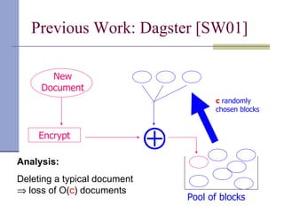 Previous Work: Dagster [SW01] New Document  Encrypt c   randomly chosen blocks Pool of blocks Analysis: Deleting a typical document    loss of O( c ) documents 