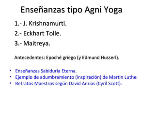 Enseñanzas tipo Agni Yoga
  1.- J. Krishnamurti.
  2.- Eckhart Tolle.
  3.- Maitreya.
  Antecedentes: Epoché griego (y Edmund Husserl).

• Enseñanzas Sabiduría Eterna.
• Ejemplo de adumbramiento (inspiración) de Martin Luther King.
• Retratos Maestros según David Anrias (Cyril Scott).
 