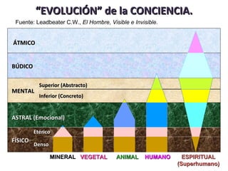 “EVOLUCIÓN” de la CONCIENCIA.
 Fuente: Leadbeater C.W., El Hombre, Visible e Invisible.


ÁTMICO


BÚDICO

           Superior (Abstracto)
MENTAL
           Inferior (Concreto)


ASTRAL (Emocional)

         Etérico
FÍSICO
         Denso

                 MINERAL VEGETAL        ANIMAL     HUMANO     ESPIRITUAL
                                                            (Superhumano)
 
