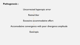 Pathogenesis :
Uncorrected hyperopic error
Retinal blur
Excessive accommodative effort
Accomodative convergence with poor divergence amplitude
Esotropia
 