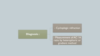 Diagnosis :
- Cycloplegic refraction
- Measurement of AC / A
ratio by heterophoric or
gradient method
 